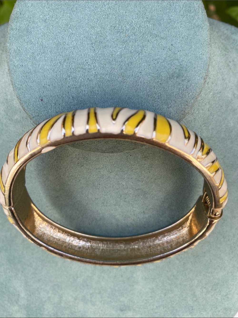 Yellow & White Enamel Hinged Bangle Bracelet -